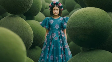 Teal floral girls dress with puff sleeves and flower crown in artistic green garden setting