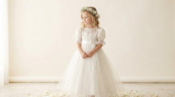 Luxury white lace communion dress for girls with floral crown