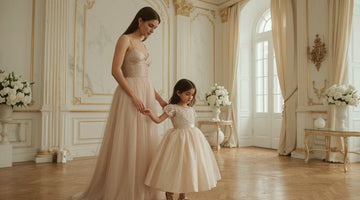 Luxury mommy and me beige tulle dresses in elegant palace interior