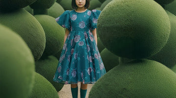 Luxury girls occasion dress in teal with pink floral print, styled with a flower crown, photographed in a green topiary garden – Mama Luma couture kidswear.