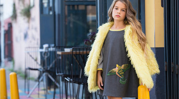 grey dress with yellow faux fur coat for little girls