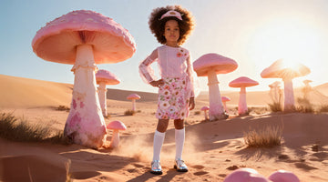 A little girl wearing Mama Luma’s floral embroidered outfit from the Palermo Collection, standing in a whimsical pink mushroom field under golden sunlight — perfect for birthdays, parties, and holiday celebrations.
