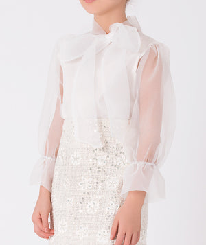 Chic outfit for girls featuring a white see-through blouse with ruffled sleeves and a sequined skirt