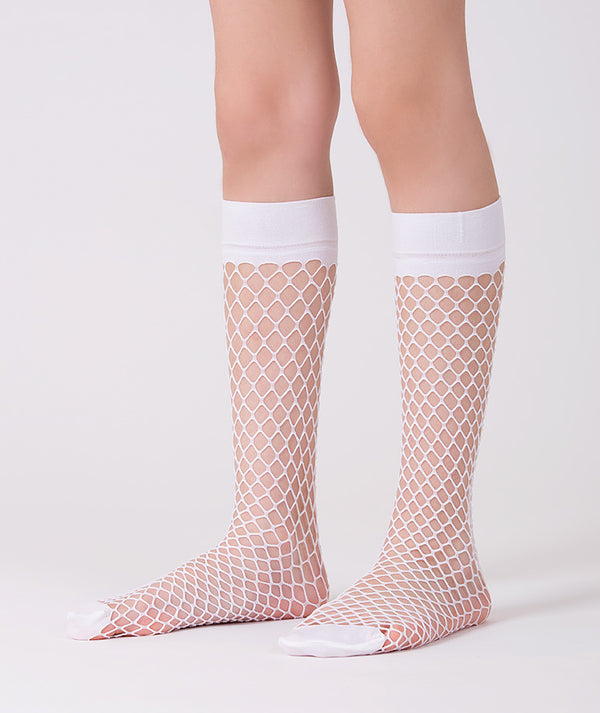 white fishnet knee high socks