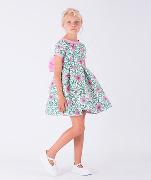 green floral dress with pink accents