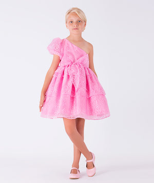  pink one-shoulder dress with rose prints and a big bow on the waist