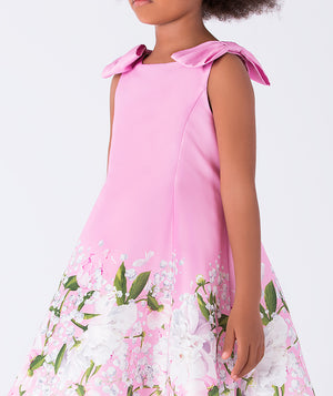 pink floral dress with bows on the shoulders