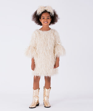 Fluffy feather-textured gold dress