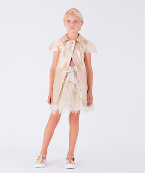 Elegant gold two-piece with a satin jacket and a sparkling feathery skirt