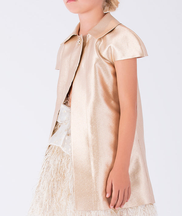 Elegant gold satin jacket and a sparkling feathery skirt