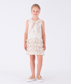 Cream sequin dress with layered gold ruffle detailing