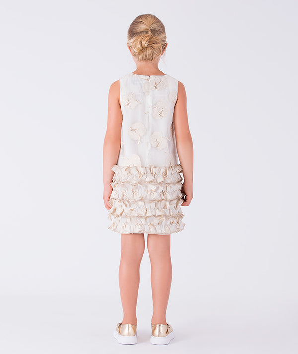 Cream sequin dress with layered gold ruffle detailing skirt