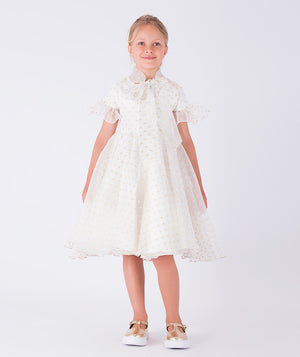 A charming organza dress adorned with ruffle details, shimmering golden polka dots, and a statement bow on the front