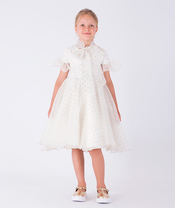 A charming organza dress adorned with ruffle details, shimmering golden polka dots, and a statement bow on the front