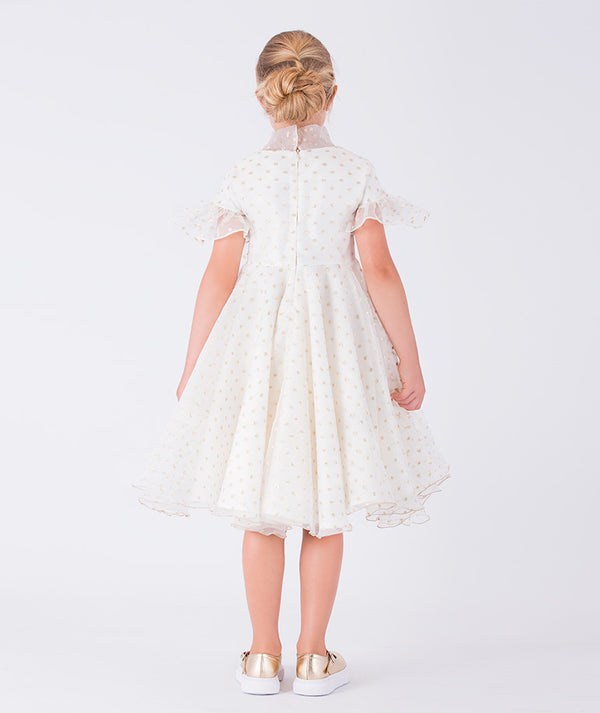 A charming organza dress adorned with ruffle details and shimmering golden polka dots