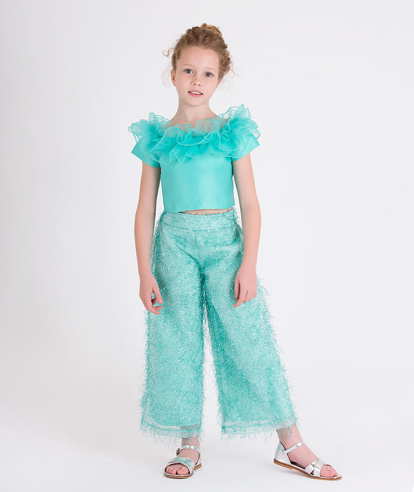 mint ruffled blouse and shimmery feathered pants