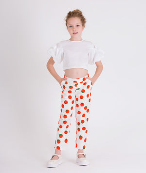 cute summer outfit, ecru balloon sleeved blouse and matching pants with tomato prints