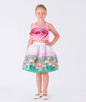 pink 3D rose blouse and floral skirt