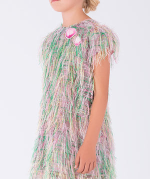 colorful feathery dress with flower details