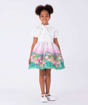 chic floral dress with a bow around the neck
