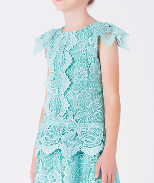 Floral Lace Dress featuring intricate floral lace, scalloped hem, and cap sleeves — perfect for parties and stylish events.