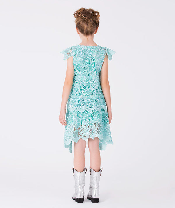 Lace Dress featuring intricate floral lace, scalloped hem, and cap sleeves — perfect for parties and stylish events.