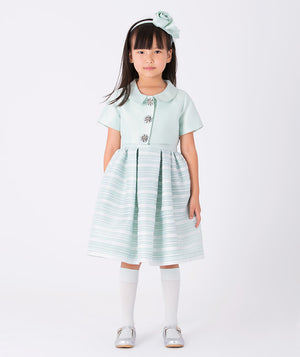 A timeless mint dress with a structured satin bodice, jeweled buttons, and a pleated striped skirt—ideal for formal occasions and celebrations.