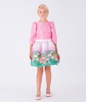 pink balloon sleeve blouse and floral skirt