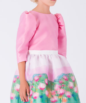 pink balloon sleeve satin blouse and floral skirt