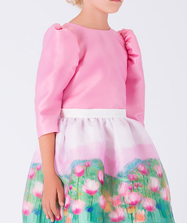 pink balloon sleeve satin blouse and floral skirt