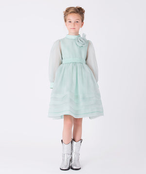 A dreamy mint green dress crafted from flowy chiffon with sheer puff sleeves, layered skirt, and 3D flower detail—perfect for weddings, birthdays, and special occasions.