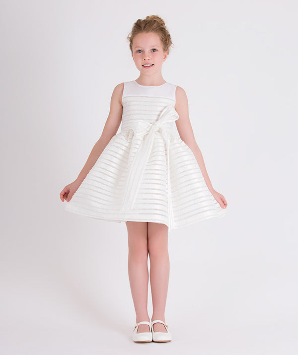 white striped dress with a bow on the waist