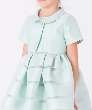 Classic short-sleeve dress in soft mint satin with pleated skirt and pearl button detail
