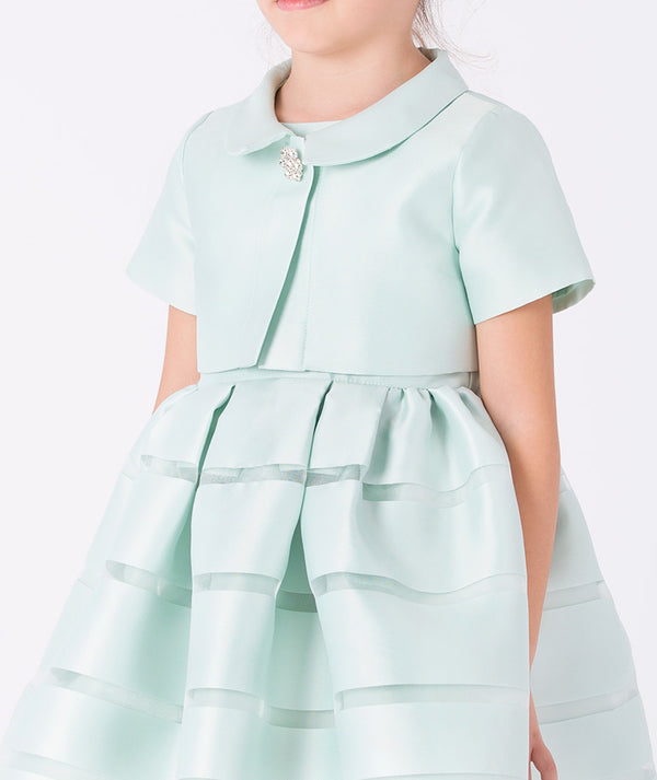 Classic short-sleeve dress in soft mint satin with pleated skirt and pearl button detail