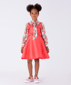 Vibrant coral dress with a floral printed long sleeved blouse