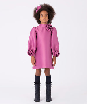 Mulberry dress with elegant puffed sleeves, adorned with delicate 3D roses on collar and sleeves, perfect for charming, graceful occasions.