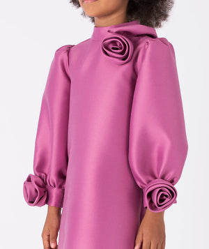 Mulberry dress with elegant puffed sleeves, adorned with delicate 3D roses on collar and sleeves