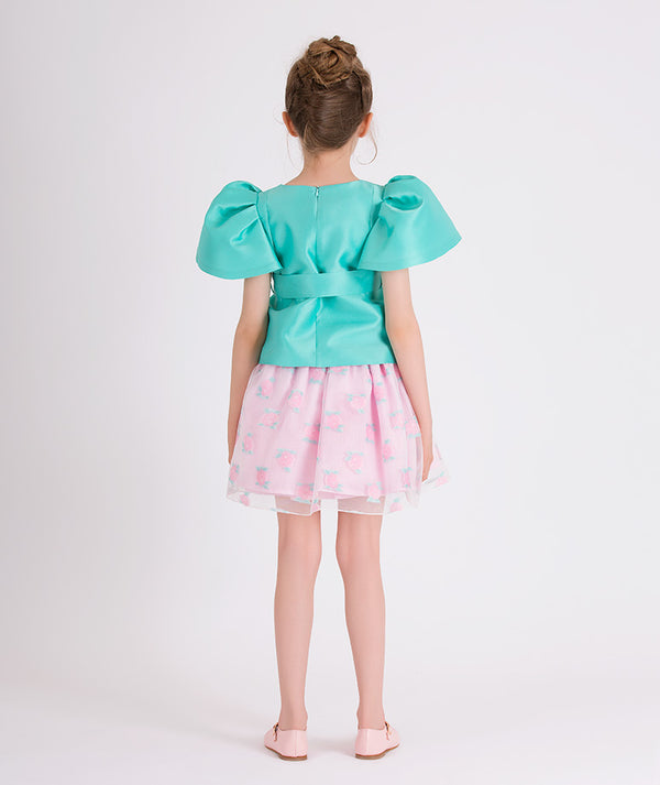 mint balloon sleeved blouse and pink peony printed skirt 