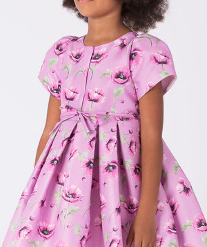 Charming floral-print dress with a little bow on the waist and a round neckline