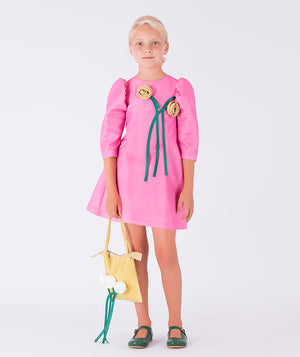 Exclusive pink dress with puffed sleeves, and embroidered floral detail