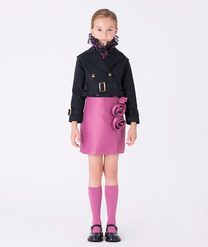 Navy cropped jacket with a sleek trenchcoat silhouette 