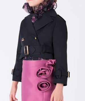 Navy cropped jacket with a sleek trenchcoat silhouette for a modern, tailored edge.