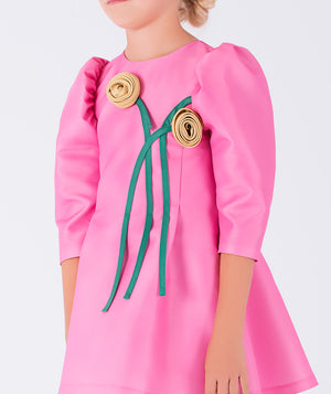 pink dress with puffed sleeves, and embroidered floral detail