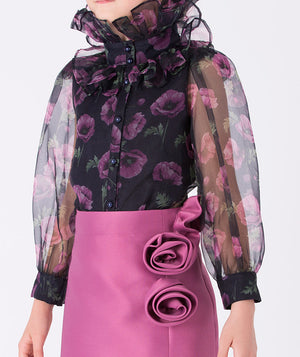 Navy organza blouse with sheer sleeves and ruffled collar, paired with a mulberry skirt adorned with delicate 3D roses.
