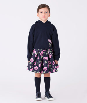 Navy hoodie featuring two purple orchid prints on the front, blending casual comfort with a hint of floral charm