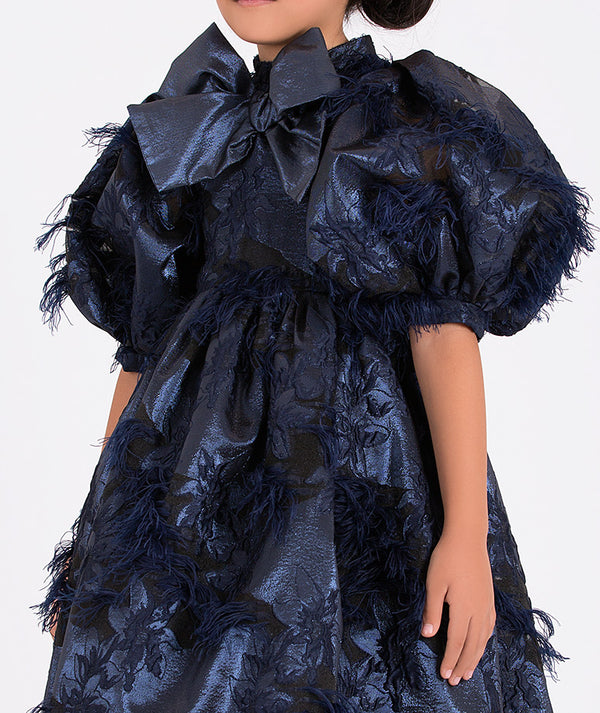 Elegant navy blue dress for girls with balloon sleeves and textured floral accents