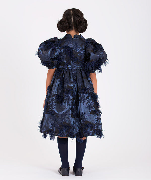 Formal navy blue gown with oversized sleeves and floral appliqués for girls