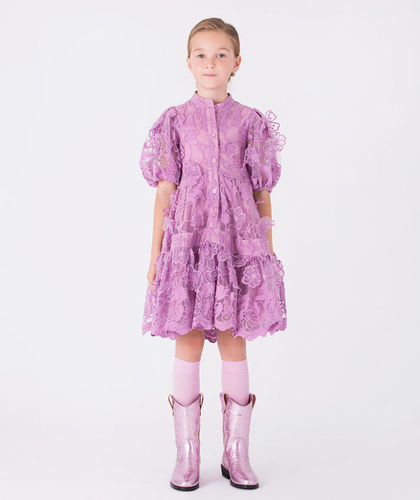 Lilac floral lace dress with charming puff sleeves, perfect for a dreamy, romantic look.