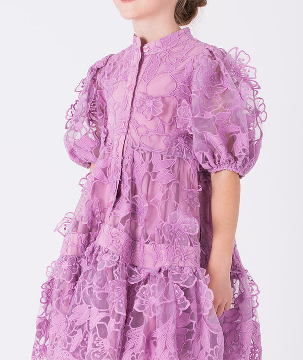 Lilac floral lace dress with charming puff sleeves