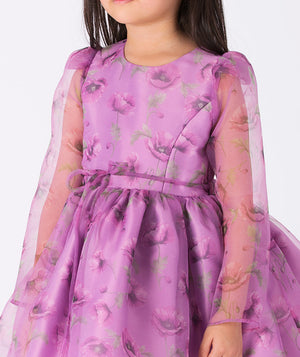 Floral-print dress with sheer organza sleeves, a layered skirt, and delicate ruffles